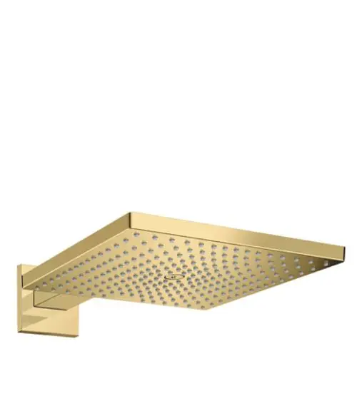 Kopfbrause in rechteckiger Form mit gleichmäßig angeordneten Düsen, in glänzender Goldoptik, montiert an einem kurzen Brausearm, von der Marke Hansgrohe.